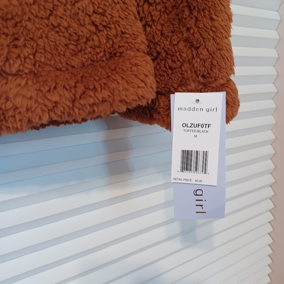 NWT Madden Girl Cozy Mixed-Media Fleece Jacket in Toffee Black - Picture 9 of 10